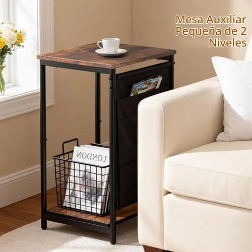 Vista 4 de Mesa auxiliar pequeña y estrecha, mesa auxiliar delgada con bolsillos de almacenamiento para espacios pequeños, sala de estar, dormitorio, sofá