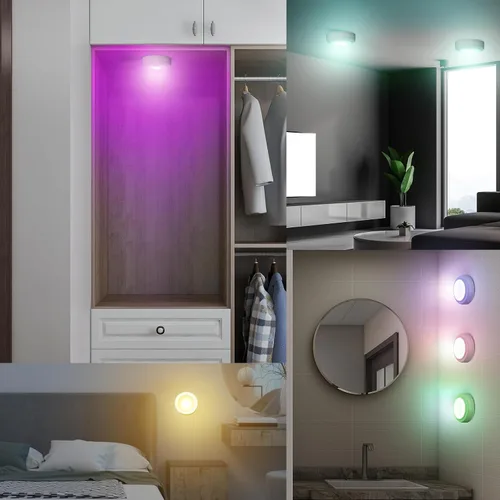 Vista 8 de Luces de disco con control remoto, 13 colores intercambiables, luces LED de disco con pilas, regulables, para debajo del gabinete, con 1 control