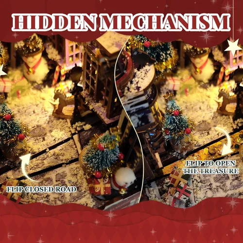 Vista 4 de Rincón de Navidad para Libros, Kit de Casa de Muñecas DIY para Adultos, Estantería con Luces LED, Rompecabezas 3D de Madera, Kits de Miniaturas