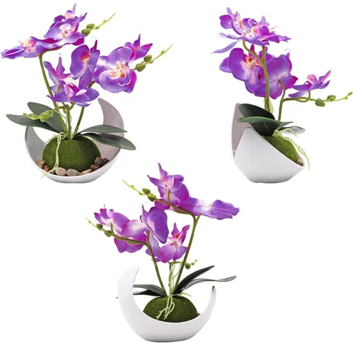 Vista 4 de MINYULUA Flor de orquídea artificial, arreglo floral de Phalaenopsis púrpura con jarrón, planta en maceta Bonsái para boda, fiesta, oficina, mesa