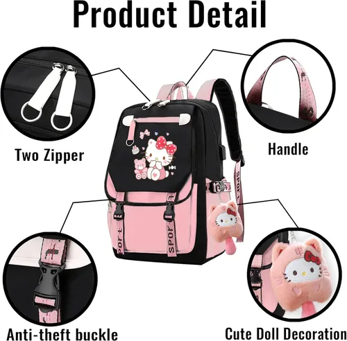 Vista 3 de qxuylmd Mochila Kawaii con colgante de felpa, linda mochila de dibujos animados para escuela secundaria, mochila para estudiantes, 21 litros
