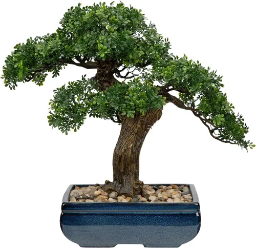 Vista 10 de Árbol bonsái artificial con maceta de porcelana azul y blanca, bonsái falso para decoración de escritorio de oficina en casa, decoración oriental
