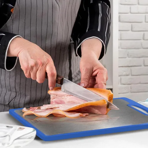 Vista 9 de Tablas de cortar de titanio para cocina, tabla de cortar de doble cara con superficie de titanio puro y madera, tabla de cortar duradera, fácil