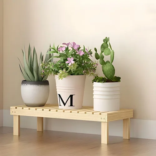 Vista 23 de Soporte rectangular para plantas de madera maciza de 1 nivel, 4 patas, flores, suculentas, rábano verde, de una sola capa, escalera de balcón Marrón