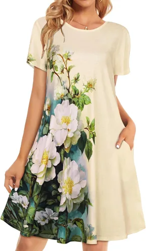 Vista 6 de Vestidos de verano para mujer, informales, holgados, estilo camiseta, florales, de manga corta, con vuelo y bolsillos, para la playa