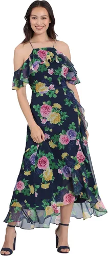 Vista 3 de London Times Vestido largo con hombros descubiertos y cuello halter para mujer, con volantes femeninos, ocasión para invitada de fiesta en el jardín