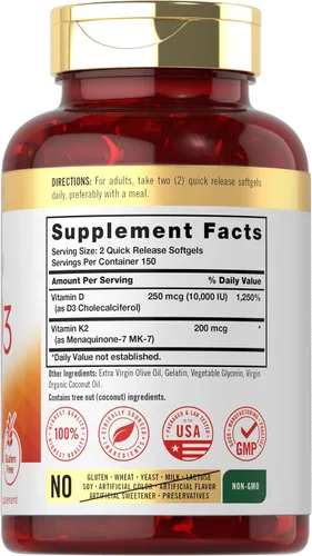 Vista 2 de Suplemento de vitamina K2 D3 de Carlyle 300 cápsulas blandas 200 mcg K2 MK7 y 10,000 UI D3 Sin GMO, sin gluten