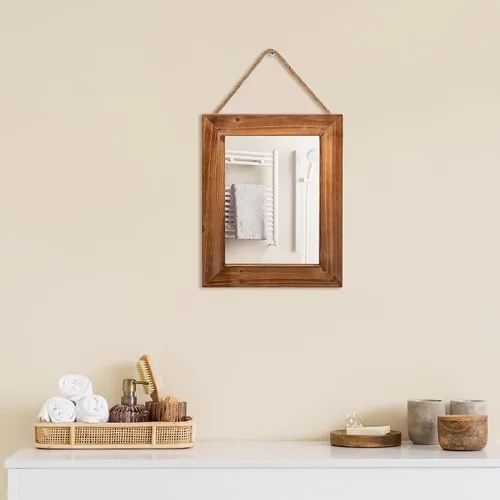 Vista 4 de OKSQW Espejo de pared de granja, espejo rectangular de madera rústica marrón, marco de madera decorativa de 16 x 12 pulgadas, con espejo y cuerda