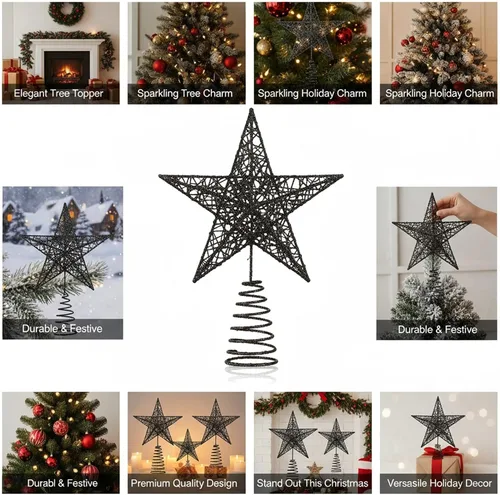 Vista 3 de BinaryABC Estrella para árbol de Navidad, adornos brillantes para decoración del árbol de Navidad, 7.9 in (negro) Durable Iron with a Glittering