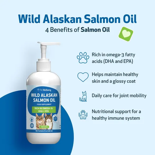 Vista 4 de Pet Wellbeing Aceite de salmón silvestre de Alaska para gatos, aceite de pescado omega-3 diario capturado en la naturaleza, procesado en frío
