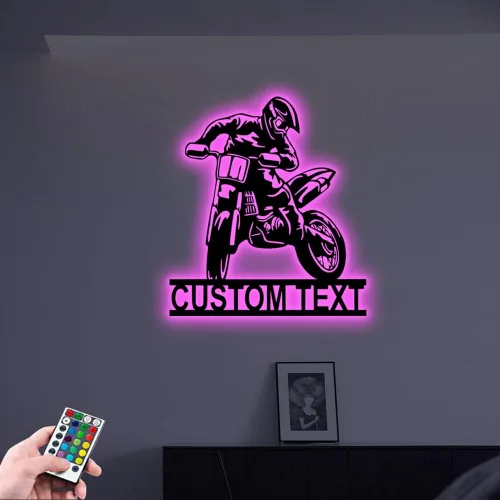 Vista 3 de Arte de pared de metal personalizado para motocross con luz LED, luz nocturna personalizada con nombre de motocross, decoración de lámpara de neón