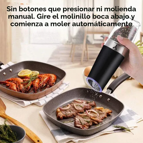 Vista 7 de Juego de 2 molinillos eléctricos de gravedad, molinillo automático de pimienta y sal con luz LED azul, molinillo de pimienta eléctrico con grosor