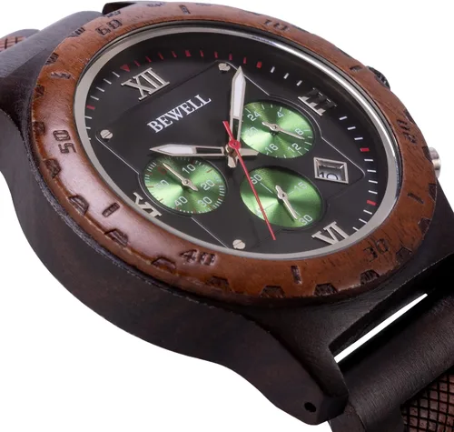 Vista 4 de BEWELL Relojes de madera para hombre cuarzo multifuncional cronógrafo fecha casual reloj de madera para hombre