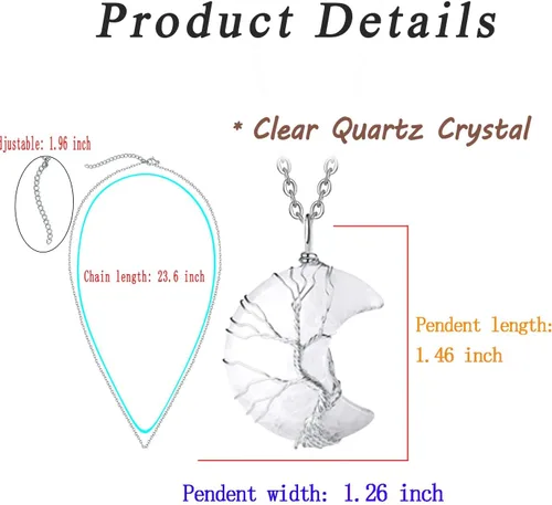 Vista 5 de MAIBAOTA Collar de cristal curativo, collar de luna creciente envuelta en alambre de árbol de vida, collar con colgante de piedra natural de reiki