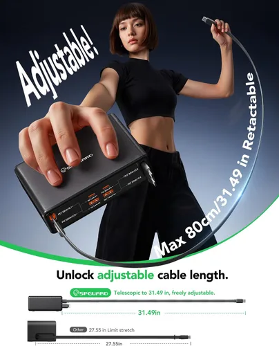 Vista 8 de Cargador retráctil 8 en 1 para múltiples dispositivos, estación de carga de 105 W con cables retráctiles, cargador USB C enchufe de pared GaN Usbc