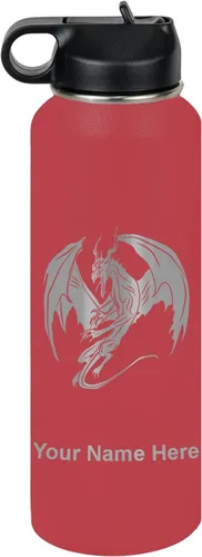 Vista 10 de LaserGram Botella de agua con tapa abatible de doble pared de 12 onzas con pajilla, dragón, grabado personalizado incluido (negro)