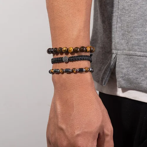 Vista 4 de Juego de pulseras de cuentas para hombre de 0.315 in y 0.157 in de piedras preciosas curativas trenzadas con dije de circonita cúbica, pulsera