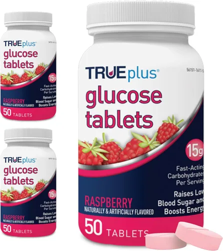 Vista 25 de TRUEplus® Tabletas de glucosa, sabor surtido (uva, frambuesa, naranja), botella de 50 unidades (1)
