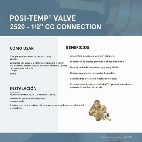 Vista 2 de Moen 2520 válvula rugosa Posi-Temp de 1/2 pulgada (cobre a cobre) para balance de presión, 2520
