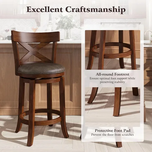 Vista 8 de ALPHA HOME Taburetes de bar giratorios con respaldo, 26 pulgadas, juego de 2, taburetes de bar de madera, sillas de bar de 360 grados con patas