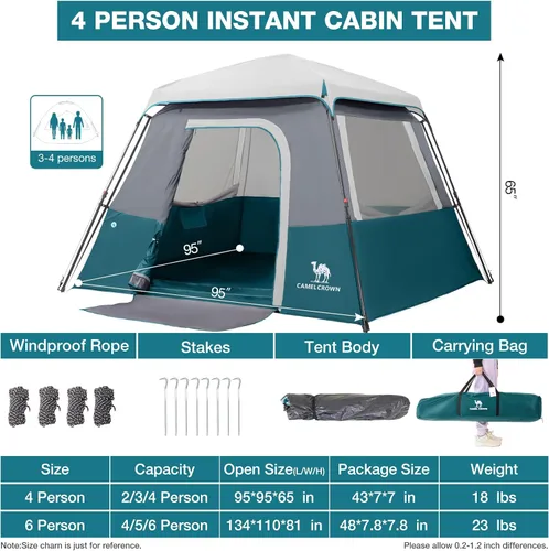 Vista 3 de CAMEL CROWN 4/6 Person Instant Cabin Tent, Pop Up Windproof Tents for Camping, 60-Second Setup Family Tent with Carry Bag for Outdoor Hiking Azul