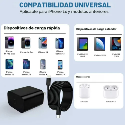 Vista 2 de FEEL2NICE Cargador de iPhone de carga rápida, paquete de 2 bloques de carga de pared tipo C con 2 unidades [6 pies y 10 pies] cable USB C a Negro