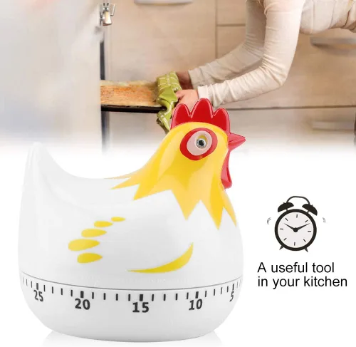 Vista 5 de Lindo temporizador de cocina en forma de pollo, temporizador mecánico de cuenta regresiva de 60 minutos para cocinar y hornear (blanco)