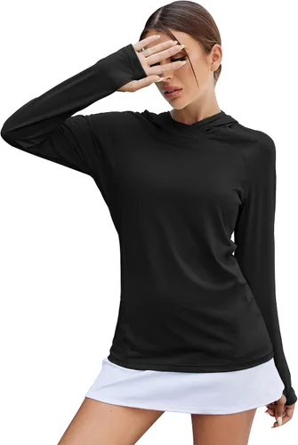Vista 16 de LUYAA - Sudaderas con capucha para mujer, protección solar UPF 50+, transpirables, elásticas, para senderismo, manga larga, para correr Beige