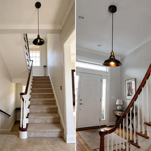 Vista 8 de Lámpara colgante, lámpara colgante industrial de granja con pantalla de metal, iluminación colgante de techo negro y dorado para isla de cocina