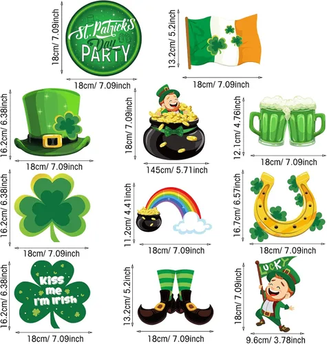 Vista 3 de 30 piezas de decoración colgante del día de San Patricio, trébol irlandés de la suerte, trébol, duende, herradura, letrero de papel de aluminio