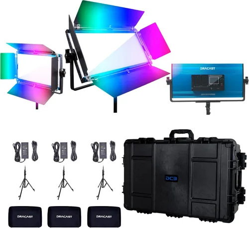 Vista 2 de Dracast Serie X LED1000 RGB + kit de 3 luces LED bicolor con estuche de viaje moldeado por inyección Control de aplicación Regulable 0-100%