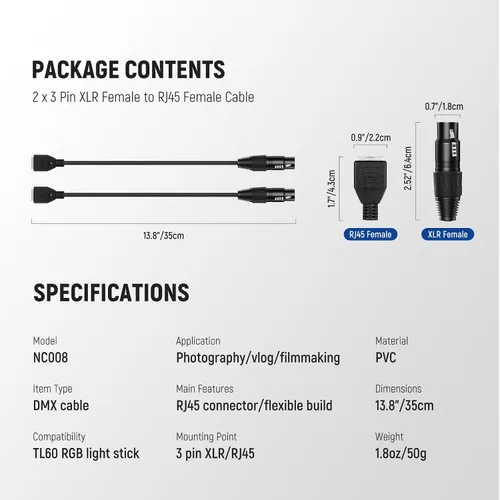Vista 7 de Neewer Cable DMX XLR hembra de 3 pines a RJ45 hembra, paquete de 2 conectores adaptadores RJ45 a 3 pines XLR solo tubo TL60 RGB varita de luz