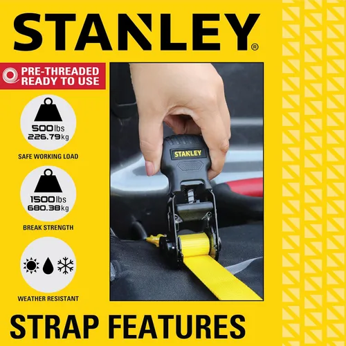 Vista 4 de STANLEY S10002-12 Correas de trinquete negras/amarillas de 1" X 12' - Carga de trabajo segura de 500 LBS / Fuerza de rotura de 1,500 LBS, paquete