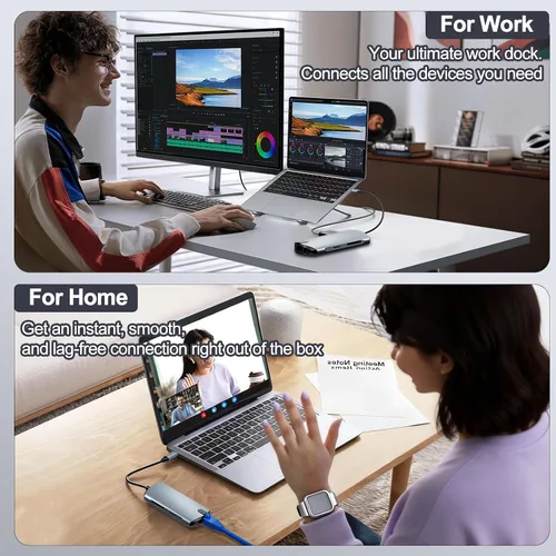 Vista 8 de Adaptador USB C Hub 8 en 1 Ethernet 4K HDMI para portátiles 4K @60Hz HDMI, 100W PD, 3x USB 3.0, 1Gbps Ethernet, lector SD/TF, para Mac/iPad/PC