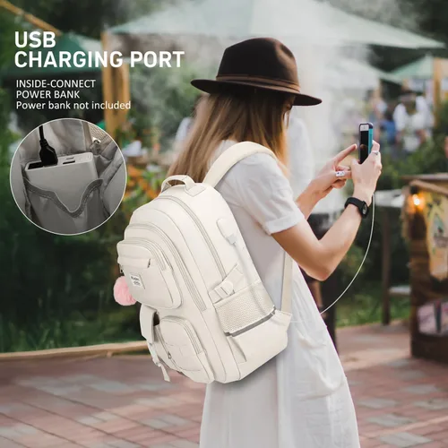 Vista 6 de WINDARS Mochila escolar para adolescentes y niñas, bonita mochila para laptop para mujeres y estudiantes, bolsas de escuela secundaria, bolsa Beige