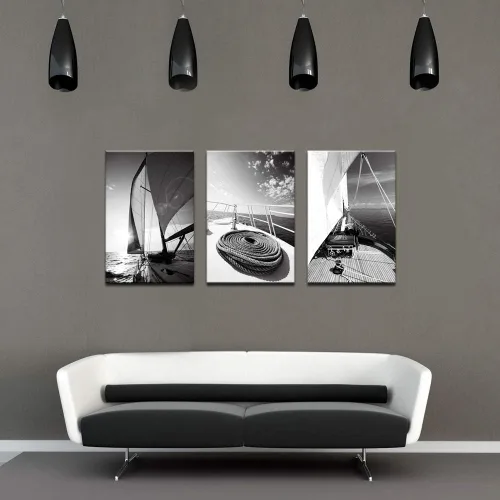 Vista 5 de LevvArts 3 piezas de arte de pared en blanco y negro, yate, velero, al atardecer, pintura náutica, decoración de pared para el hogar, oficina, sala