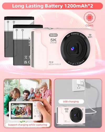 Vista 7 de Cámara digital 5K para fotografía 2 baterías 32GB tarjeta rosa