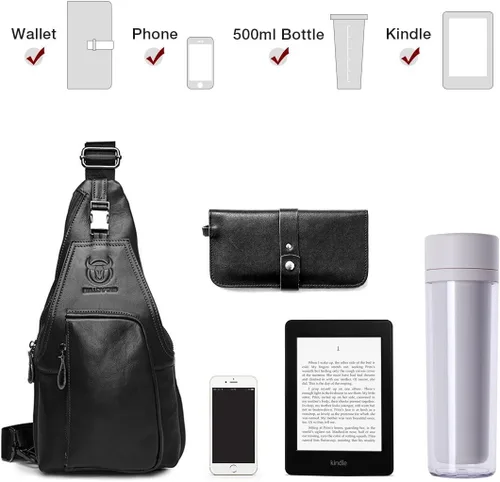 Vista 6 de Bolso de pecho de cuero genuino para hombre, bolso cruzado de hombro, bandolera, mochila de mensajero, mochila para negocios, casual