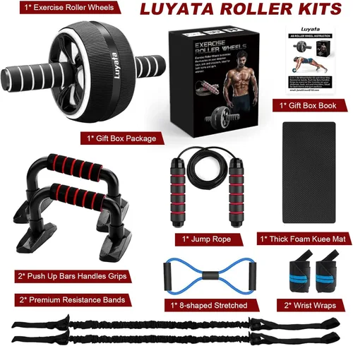 Vista 6 de Rueda para abdominales, kit de ruedas de ejercicio abdominal 10 en 1 con bandas de resistencia, alfombrilla para rodillas, cuerda de saltar, barra