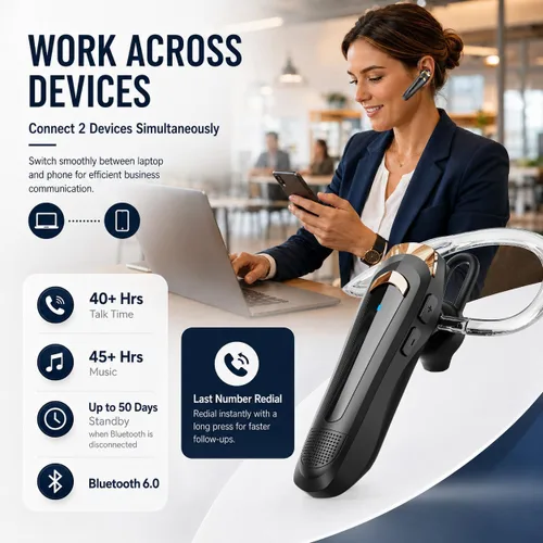 Vista 4 de Auriculares Bluetooth con micrófono, oreja única, conversación 40H Dorado