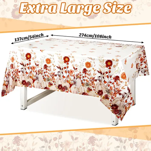 Vista 2 de Newwiee 4 manteles de plástico de otoño, manteles de plástico de Acción de Gracias, diseño de calabaza silvestre, mantel rectangular de otoño