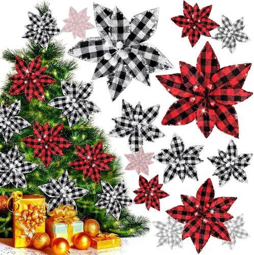 Vista 2 de Syhood 12 piezas de flores de Pascua de búfalo a cuadros adornos para árbol de Navidad, flores artificiales de Navidad con polvo de purpurina