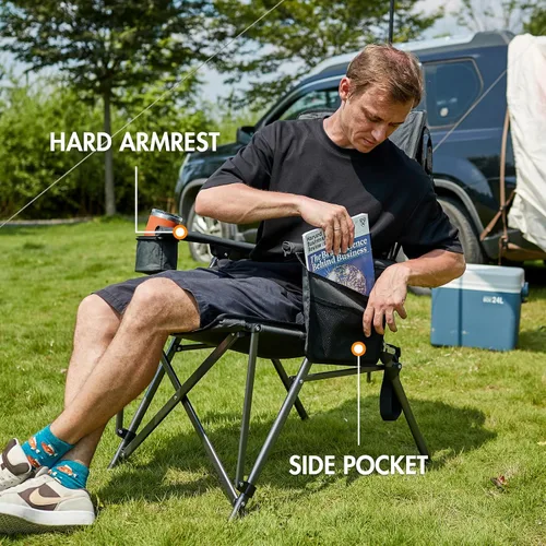 Vista 6 de PORTAL Silla de camping plegable extra grande con respaldo alto, sillas de césped portátiles para adultos, deportes al aire libre con apoyabrazos
