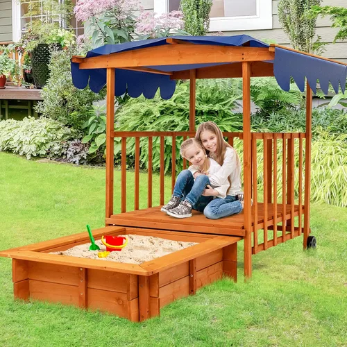 Vista 9 de HONEY JOY Caja de arena 3 en 1 para niños con casa de juegos y toldo, madera de cedro sin fondo para patio trasero con ruedas, barandillas