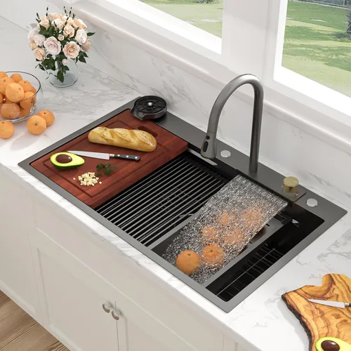Vista 22 de Sarlai - Fregadero de cocina de cascada de 31 pulgadas, de montaje superior - 31x20 Fregadero de cocina con borde y estación de trabajo, de acero