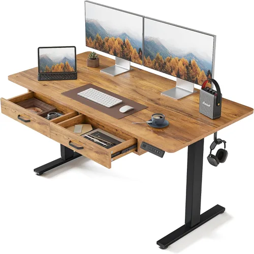 Vista 17 de FEZIBO Escritorio de pie de 48 x 24 pulgadas con altura ajustable, escritorio eléctrico de pie con doble cajón, escritorio de oficina en casa con 4