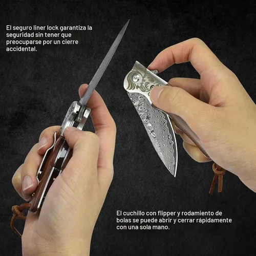 Vista 7 de Cuchillo de bolsillo de Damasco AUBEY con clip, cuchillos plegables con hoja de acero Damasco VG10, mango de madera, cuchillos EDC plegables