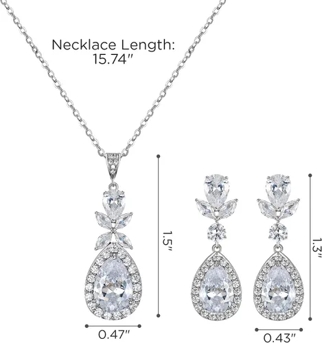 Vista 6 de SWEETV Joyería de boda para novia, juego de aretes de collar de circonita cúbica en lágrima, juego de joyas de novia para boda
