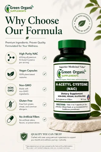 Vista 4 de Suplementos orgánicos verdes N-acetil cisteína (NAC) 700 mg Apoya la producción de glutatión, actividad antioxidante y salud celular 90 cápsulas