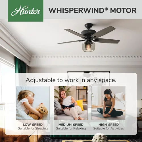 Vista 2 de Hunter Fan Company - Ventilador de techo Bennett color negro mate, 52 pulgadas, con kit de luz LED y control remoto de mano, 54187 con luz LED